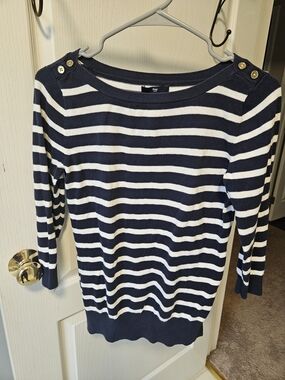 GAP Navy & White Striped Boatneck Sweater with Shoulder Buttons